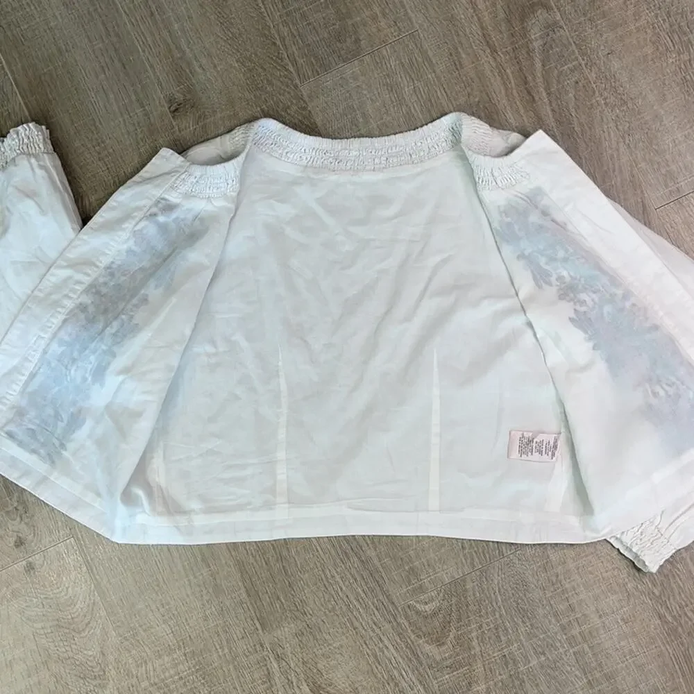 NANETTE LEPORE White Floral Embroider Peasant Crop Linen Blend Open Front Jacket